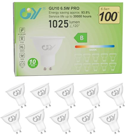 GY Bombilla LED GU10 6.5W (Eq. 100W) 1025LM 6500K Blanco Frío, No Regulable, 110 Grados Ángulo de haz - Bombillas GU10 LED Pack de 10