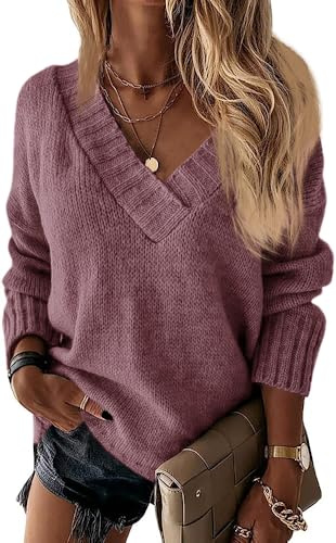 Wenrine Damen Pullover Winter Langarm V-Ausschnitt Strickpullover Sexy Lose Einfarbig