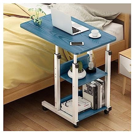 POCHY Betttische Überbetttisch, 2-lagiges Regal, mobiler Stehschreibtisch, höhenverstellbarer Beistelltisch, Stahlrahmen mit Rollen, rollender Laptop-Tisch luxuriös