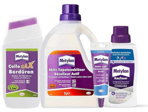 Metylan Raufaser Fertigkleister Konzentrat (1x500g) & Metylan Bordüren (1x250g) & Metylan Naht- und Reparaturkleber (1x60g) & Metylan Tapetenablöser Aktiv-Konzentrat (1x 1l)