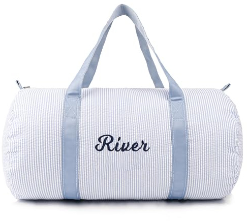 MT WORLD Personalized Duffle Bag for Kid Seersucker Cloth Overnight Duffel Bag with Name Toddler Travel Bag Custom Weekender Bag Child Small Sports Gym Ballet Dance bag Little Girls Boys (Light Blue)