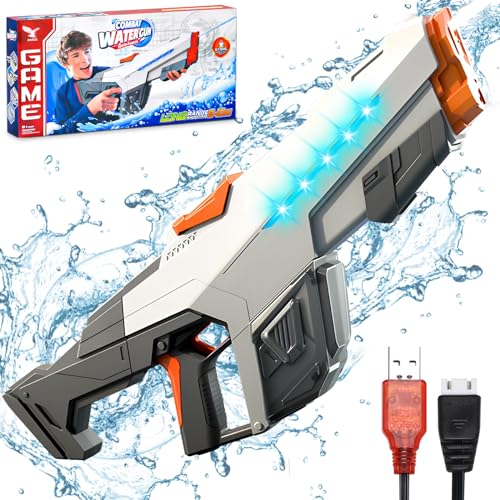 SPINNE LUCAS Pistola de Agua Electronica Automatica, Pistola de Agua Automática de un Botón, Pistola de Agua de Largo Alcance con luz, Pistola de Agua Automática para niños y Adultos (Gris)