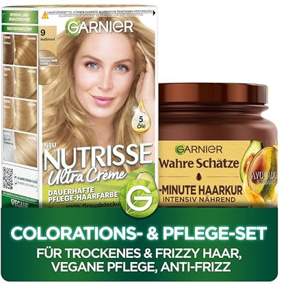 Garnier Colorations- & Pflegeset: Nutrisse Haarfarbe 090 Light Blond + Wahre Schätze Haarkur (340ml) - Mit Avocadoöl & Shea Butter, Für trockenes & frizzy Haar, Vegane Pflege, Anti-Frizz