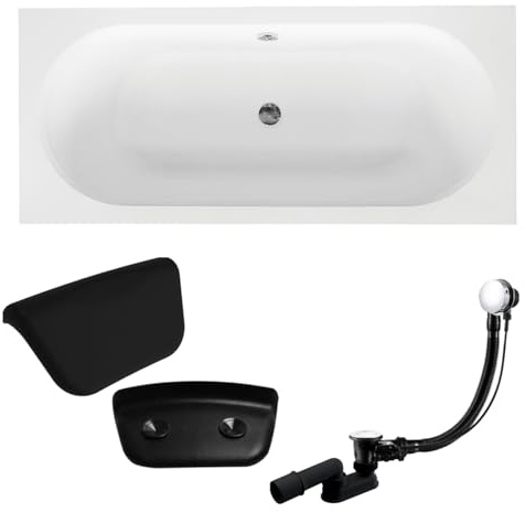 BADLAND Badewanne Exklusiv 160x75 cm Acryl mit Kopfstütze KODI Siphon Wanne Rechteck Weiß Design Modern Premium Ablaufgarnitur in Chrom