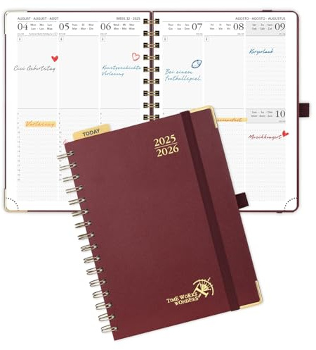 POPRUN Kalender 2025 2026 Buchkalender Ringbuch mit Hardcover, ca. A5 (21,5 x 16 cm), 17-Monate-Terminplaner (Aug.2025-Dez.2026), Wochenplaner 2025 2026 mit Plastiklineal - Burgund