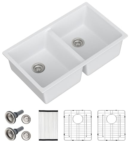 Dcolora 33 Inch Double Bowl Undermount Kitchen Sink White Deep Double Basin Prep Sink 50/50 Split Granite Composite 33×19×10“,#DC-GU001W
