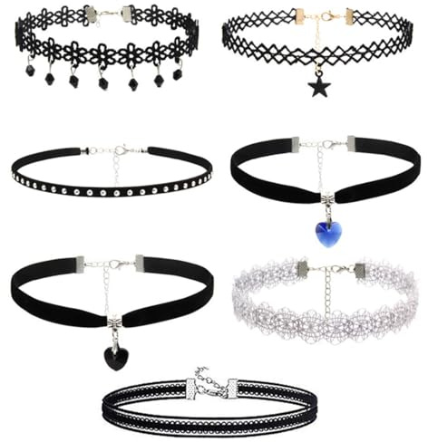 KOLZEMV 7 Stück Choker-Halskette, Choker Schwarz, Kropfband, Choker-Halsketten-Set, Schwarze Spitze, Tattoo, Samt, Für Frauen und Teenager-Mädchen