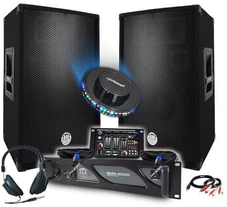 Pack Sono DJ BM Bmsonic Ampli 2000 W, altavoces 2 x 600 W, mesa de mezcla, auriculares cables de micrófono, LED, fiesta, bar, sala de fiestas