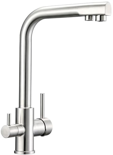 3 Wege Wasserhahn Küche Küchenarmatur 360° schwenkbar 3 in 1 Mischbatterie Küche für Wasserfilter, Trinkwasserhahn mit 2 Hebel, Drei Wege Armatur, Spültischarmatur aus Edelstahl Gebürstet