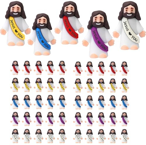 Probuk 50pcs Mini Figurines de Jésus, 5 Couleurs Statuettes de Poche, Ornements Chrétiens pour Enfants, Cadeaux Religieux et Jouets Éducatifs