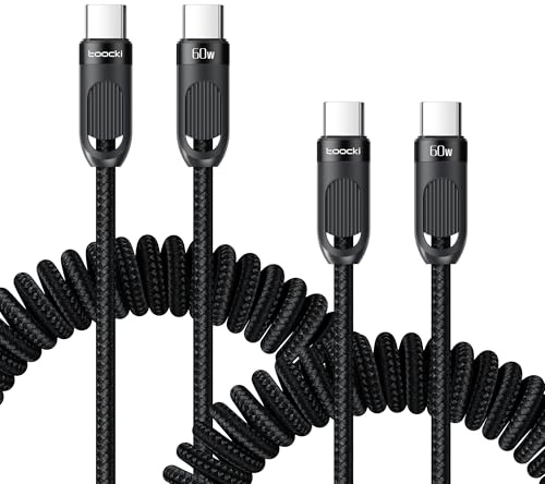 toocki 2Pack Cable Espiral USB C a USB C 1.5M, 60W Carga Rápida, Negro | Carga Rápida Tipo-C, Cordón Retráctil, Nylon Trenzado para Samsung S20/S10/S9/S8+/Note/Android Auto/CarPlay, Ideal Coche