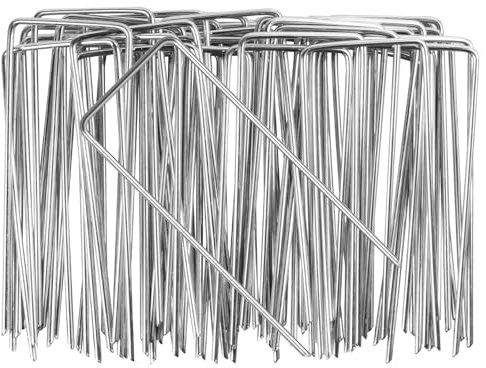 TIECHI Garden Stakes, 50 Pack 4/100mm Weed Membrane Pegs, Galvanised Steel Tent Pegs U-Shaped Garden Pegs for Securing Lawn, Artificial Grass, Netting, Camping