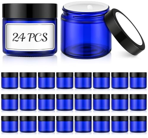 Bumobum 24 Pack 2 oz Blue Glass Jars with Lids, Small Cosmetic Container | UV-Blocking, Leakproof, Refillable, Bulk Empty Lotion Jar with Labels for Cream, Salve, Candle Making, Homemade Skincare