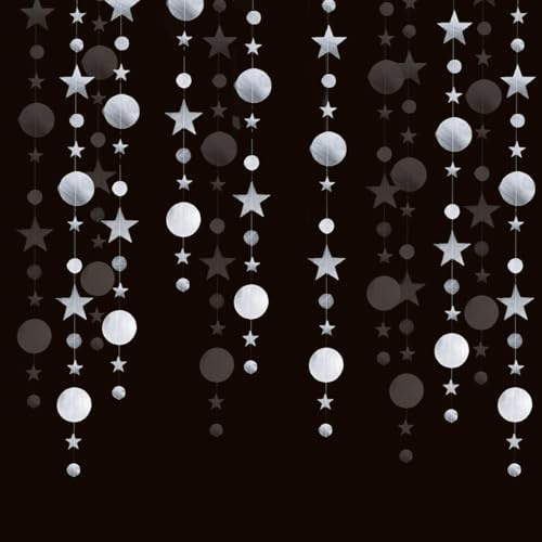 Decoration Nouvel an 2026, Guirlande Etoiles et Rond Circle Argent Decoration Nouvel an, Guirlandes Déco Anniversaire -16 Mètres-