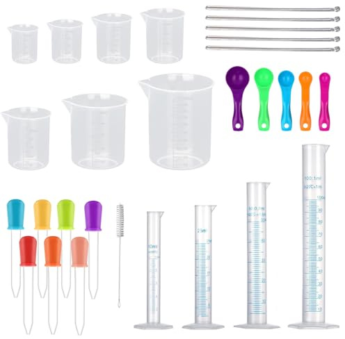 Juego de jarras y tazas medidoras de 28 piezas con vasos, cilindros, cucharas, cuentagotas y cepillo, kit de laboratorio científico resistente al calor para experimentos de horneado, herramientas de