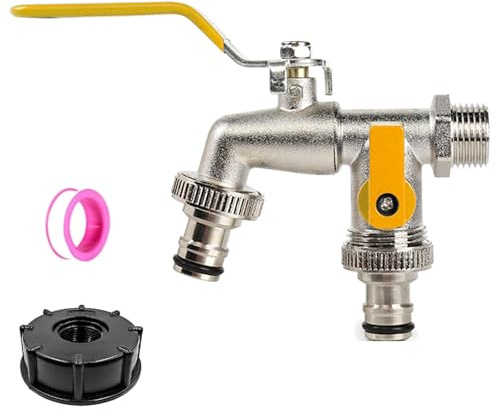Robinet d'eau universel en acier inoxydable à double sortie, robinet d'eau extérieur avec double sortie, kit de robinet extérieur robuste à 2 voies (jaune)