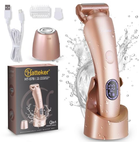 Hatteker Electric Shaver for Women Bikini Trimmer Facial Hair Removal LED Display Womens Razors for Shaving IPX7 Waterproof Pubic Body Hair Trimmer 2 in 1