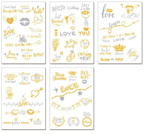 UEIOAVL Tatouages de déguisement, Lot de 5 feuilles de tatouages ​​temporaires pour mariage autocollants pour les fêtes tatouage doré flash étanche pour décoration de mariage Halloween adulte (doré)