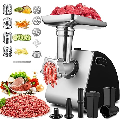Hachoir à Viande Électrique 2000W, Robot Culinaire 5-en-1 avec 4 Lames, Accessoire à Biscuits, 3 Grilles, Accessoire Kebbeh & Embouts à Saucisses pour Usage Domestique