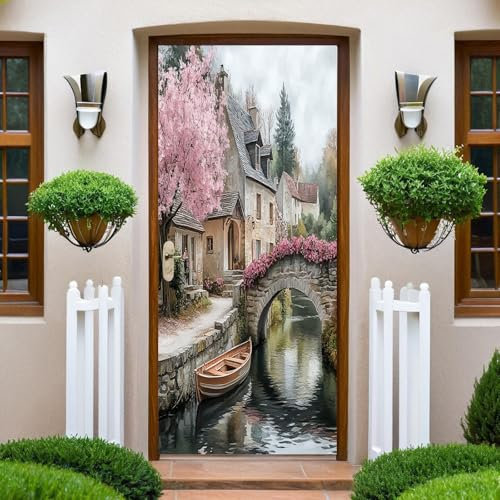 Adesivi 3D per Porta 90 x 200 cm Paesaggio del villaggio lungo il fiume Fotomurali Autoadesivi Per Porte In Vinile, Impermeabile Carta da Parati Soggiorno Cucina Camerette Art Applique Poster