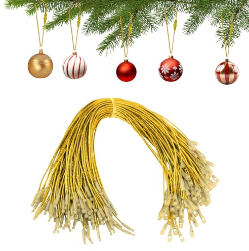 100 Stück Weihnachtsbaum Haken, Vorgeschnittene Hängeseile mit Schnappverschluss, Aufhänger für Christbaumkugeln, Kugelaufhänger Weihnachts Ornament Haken, Weihnachtskugeln Haken für Party (Gold)