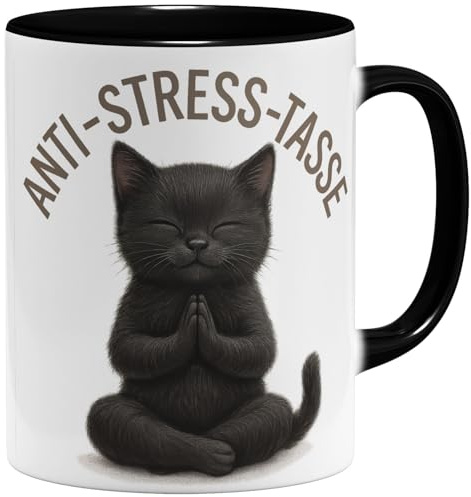 OM3® schwarzes Kätzchen Anti-Stress Kaffee-Tasse mit Spruch - lustige Keramiktasse Namaste-Motiv - Meditation Katze - Keramik Becher - 325ml - Beidseitig Bedruckt - Schwarz