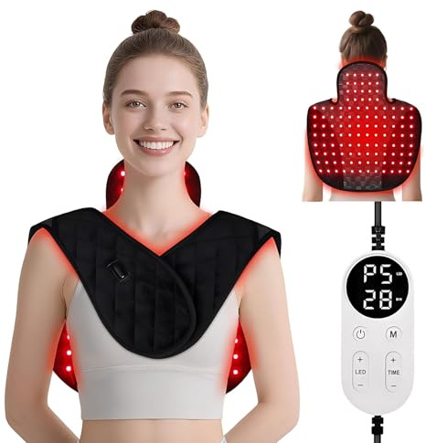 Thérapie par Lumière Rouge Infrarouge pour Soulager la Douleur épaules Dos Cou Cervicales Coussin Chauffant Nuque Infrarouge Lampe de Luminothérapie à Lumière Rouge avec 5 Niveaux, Minuterie
