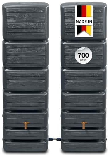 4rain Regentonne Wandtank Slim Wood Decor Set 700 Liter, Graphite Grey | 2X Slim 350L, inkl. Verbinder, ideal für Garten, platzsparend, robust, langlebig, modernes Design, einfache Montage