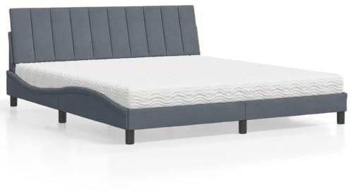 Runheo Hanko Säng med madrass, 180 x 200 cm, mörkgrå sammet, vågformad design, komfortskummadrass H2/H3, sovrumsmöbler