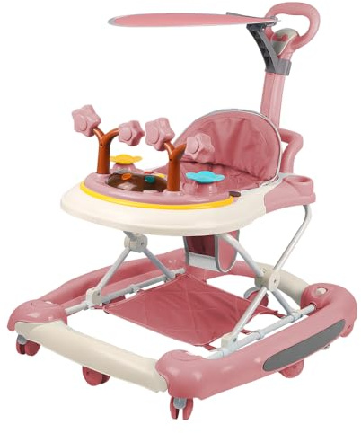 Homewell 3-i-1 gåhjälpmedel, gunghäst, barnbarnstol, justerbar höjd, gångstöd med inlärningscenter och solskydd, utvecklingsbar gåstol, babywalker, barn 6–24 månader (rosa)