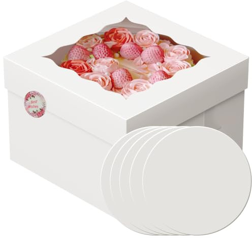Dayacoco Cake Box,Pack of 5 12inch White Cake Box with Window | Square Cake Boxes With Cake Board ＆ Lid,80 Stickers,For Brownie,Tiered or Decorated Transport (30.5x30.5x20.3CM)