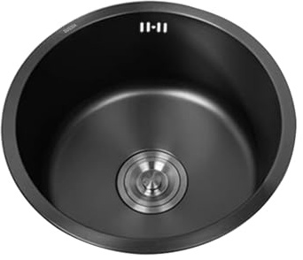 Mini fregadero redondo de acero inoxidable de 30 cm, fregadero de cocina con escurridor y desbordamiento para bar, restaurante, montaje bajo encimera, fregadero de caravana con acabado negro