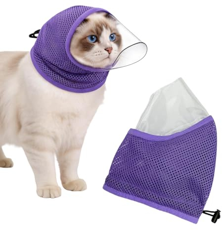 Cat Muzzle for Grooming, Breathable Mesh Face Cover with Transparent Bite Guard, Adjustable Anti Bite Anti Lick Head Protector for Nail Trimming Bathing Post Surgery