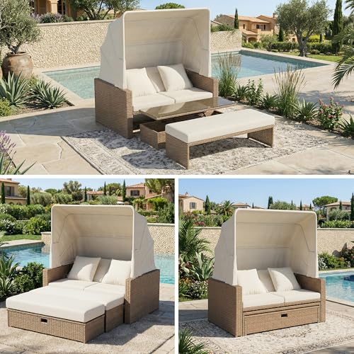 Polyrattan Gartenmöbel Set für 2–4 Personen, Loungesofa mit verstellbarem Couchtisch & abnehmbarer Markise, wetterfeste Outdoor Sitzgruppe für Balkon, Terrasse und Garten, Khaki, Maße 136×94×142 cm