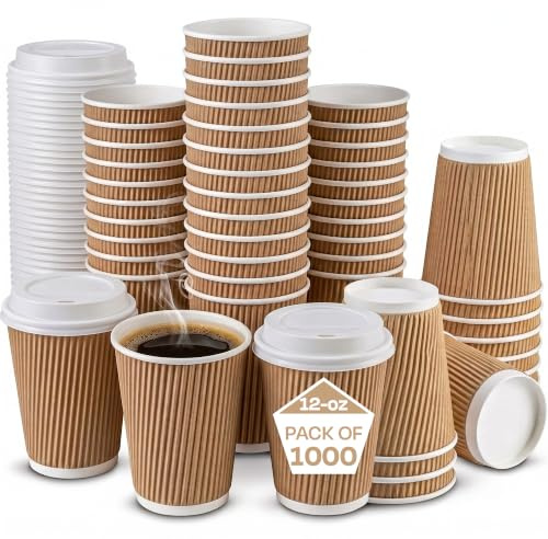 We Can Source It Ltd 1000 x 12oz Ripple Brown Kraft Paper Cups - 3-PLY Disposable Insulated Coffee Cup with Secure White SIP Through Lids - Leak-Proof Durable Paper Cup for Tea, Coffee & Hot Beverages