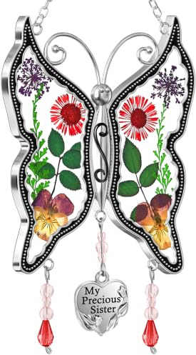 KY&BOSAM Butterfly Suncatcher My Precious Sister Stained Glass Sun Catchers for Windows Hangings Wind Chime with Real Flower Wings and Heart Charm Birthday Gifts for Women Mother`s Day Valentine's | My Precious Sister Charm Wind Chime Ornament,Dried Flower and Glass & Metal,Mothers day Gift for Sister Birthday Charistmas