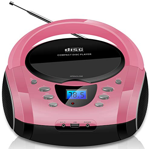 Tragbare Boombox | CD/CD-R | USB | FM Radio | AUX-In | Kopfhöreranschluss | CD-Player | Kinder Radio | Boombox | CD-Radio | Stereoanlage | Kompaktanlage (Pretty Pink)