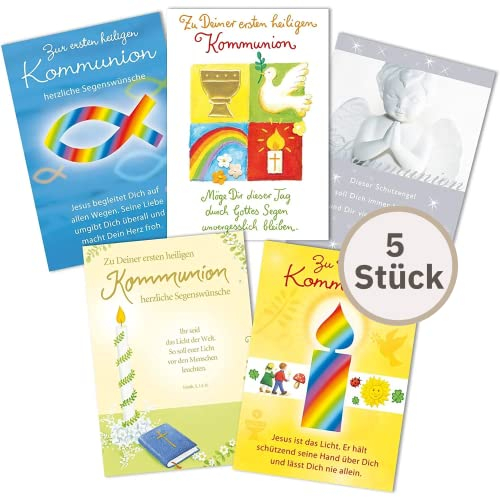 Perleberg Kommunionkarten Set mit Umschlag 11,6 x 16,6 cm - 5 Hochwertige Glückwunschkarten zur Kommunion mit bunten Motiven, 7122002-2