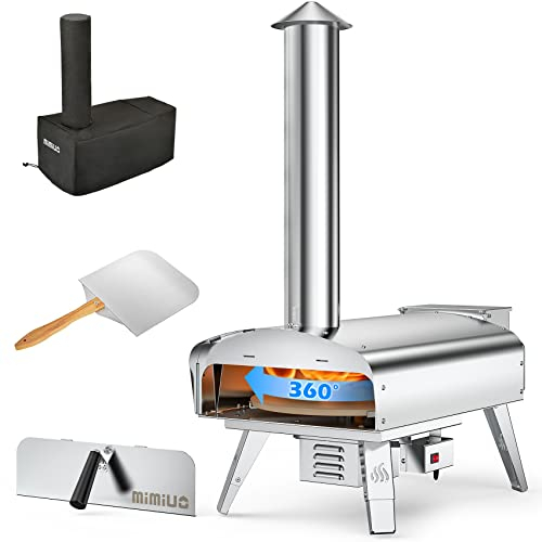 Mimiuo Horno de pizza de pellets de madera para exteriores con sistema de parrilla giratorio automático, kit de horno de pizza portátil de acero inoxidable a leña con piedra de pizza de 33 cm y pala