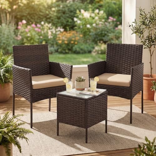 SONGMICS Balkongmöbler, trädgårdsmöbler, tillverkade av PE-polyrattan, loungemöbler, bord och 2 stolar, utemöbler, utomhus, för terrass, balkong, trädgård, brun-taupe GGF003K01