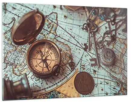 Wandbilder Dekoration Wohnzimmer Kompass Vintage Karte Bilder auf Glas 120x80cm Glasbild Schlafzimmer Küche Deko Wand Kunstdruck Art Groß XXL Wanddeko Bild im Glas Modern Wall Decor GAA120x80-4302