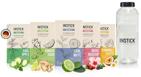 INSTICK Extracts Getränkepulver – 5er Bundle mit 60 Sticks für 30L Geschmack & 0,5L Trinkflasche – Zuckerfreies Erfrischungsgetränk oder Tee mit Vitamin C – Inspiriert von Früchtetee – Heiß & kalt