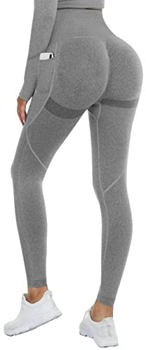 DUROFIT Scrunch Butt Leggings Damen High Waist Sport Leggings Mit Tasche Po Push Up Leggings with Pocket Booty Lift Leggins Gym Leggings Mit Handytasche Ruched Sporthose Grau M