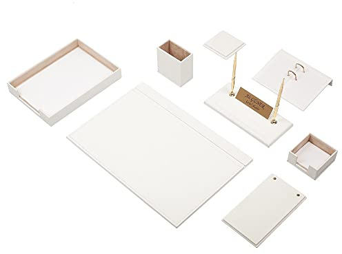 Schreibtisch-Set aus Leder – Schreibtisch-Organizer-Set – Büro-Schreibtischunterlagen-Zubehör – Dokumentenablage – 10 Zubehörteile – Schreibtisch-Organizer (White)
