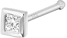 22G 14K Gold Bone End Nose Stud Bezel Set 0.035ct-0.05ct Princess Cut Diamond - April Birthstone Nose Ring, Metal, Diamond
