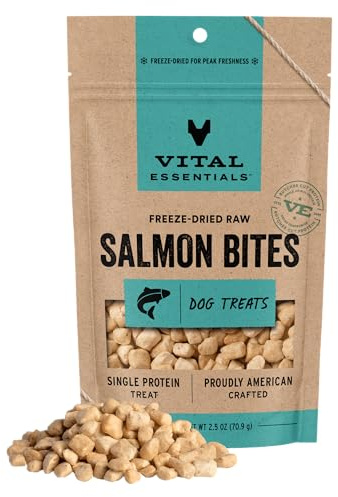 Vital Essentials Freeze Dried Dog Treats | Salmon Bites, Single Protein | Premium Quality | Grain Free Training Treats for Dogs, 2.5 oz Bag