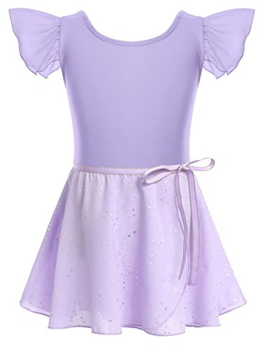 Gymnastik Trikots für Mädchen Ballettkleidung Kinder Ballett Tanz Kleid Bodysuit mit Chiffon Wrap Rock Baumwolle Criss-Cross U-Rücken Tütü Tanzoutfit Rhythmische Sportgymnastik Anzug Violett 5-6J