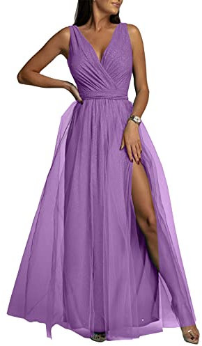 Tomwell Robe de Cocktail Femme Élégante Col en V Longue Party Dress Sexy Chic Tulle à Paillettes A-Line Soirée Couleur Unie B Violet S