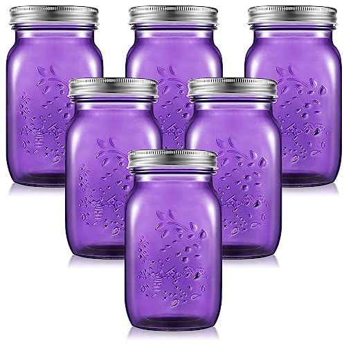 Yinder 6 Pack 32 oz Mason Jars with Lids Wide Mouth Colored Canning Jars Glass Container for Storage Canning Fermenting Pickling DIY Crafts Decoration Dishwasher Not Allowed (Purple)