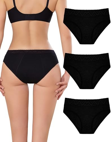FINETOO 3er Pack Perioden Unterhosen Damen Spitze Set Baumwoll Unterhosen Mittlere Taillenhöhe Menstruations Unterwäsche Frauen Hipster Mehrpack S-2XL